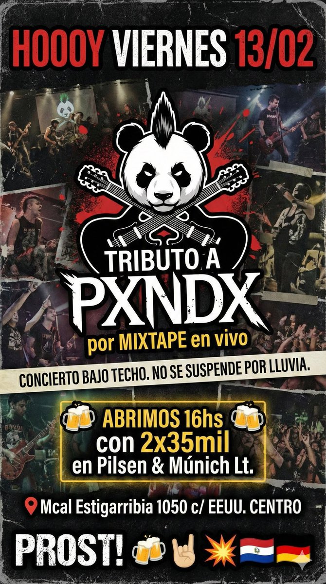 HOOOY VIERNES 13/02 TRIBUTO a <a href="/pxndx/">BarbaraHilton♥</a> por @mixtapepy en vivo en el CENTRO🤘🏻🔥 NO SE SUSPENDE POR LLUVIA 🌧️⛔️.
*ABRIMOS 16hs con 2x35mil en @pilsenpy &amp; munichparaguay Lt.
📍Mcal Estigarribia 1050 c/ EEUU.
PROST! 🍻🤘🏻💥🇵🇾🇩🇪