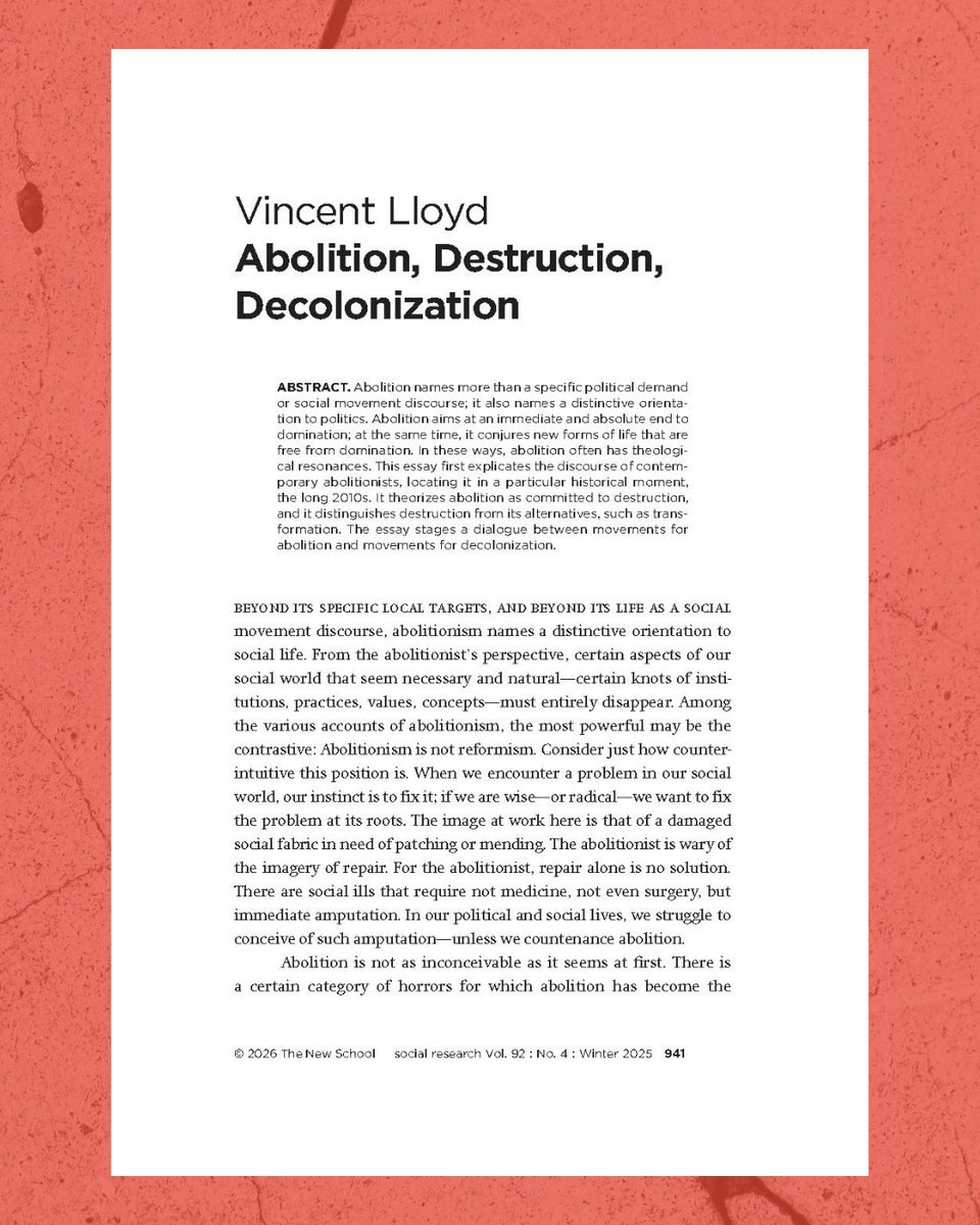SocResJournal's tweet image. Vincent Lloyd reads abolition as committed to destruction, not reform.

He explores how abolition demands an absolute end to domination, to beget new ways of life. From theological roots to decolonization, discover the radical power of the long 2010s.

bit.ly/3NY3GE7