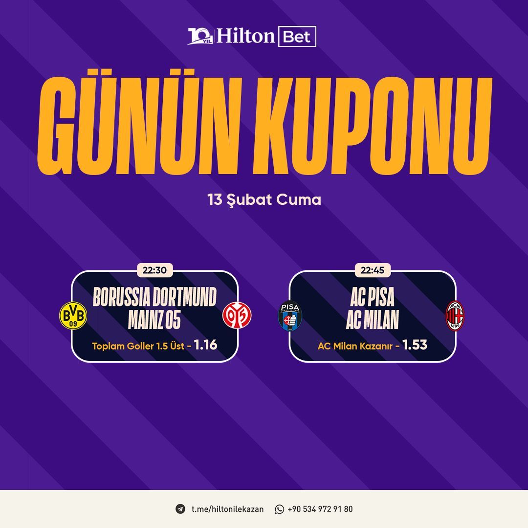 GÜNÜN BANKOLARI MASADA! 💬

Cuma bültenini taradık, en güvenilen 2 maçı sizlere getirdik. 🔎 

AC Pisa - AC Milan: AC Milan Kazanır
Borussia Dortmund - Mainz 05: Toplam Goller 1.5 ÜST 

💰 HİLTONBET İLE BUGÜNÜ DEĞİL, SERİYİ KAZAN! 

🔗 ds.tc/hiltonbet