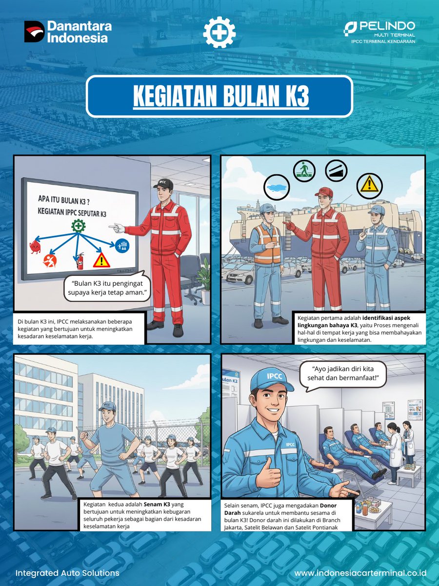 IPCCarTerminal's tweet image. Rangkaian kegiatan Bulan K3 Nasional di IPCC Terminal Kendaraan menjadi wujud nyata komitmen perusahaan dalam membangun budaya kerja yang aman dan sehat. Berikut rangkaiannya dikemas dalam I-CONIC IPCC CONtent comIC

#BulanK3Nasional #IPCCIntegratedAutoSolutions