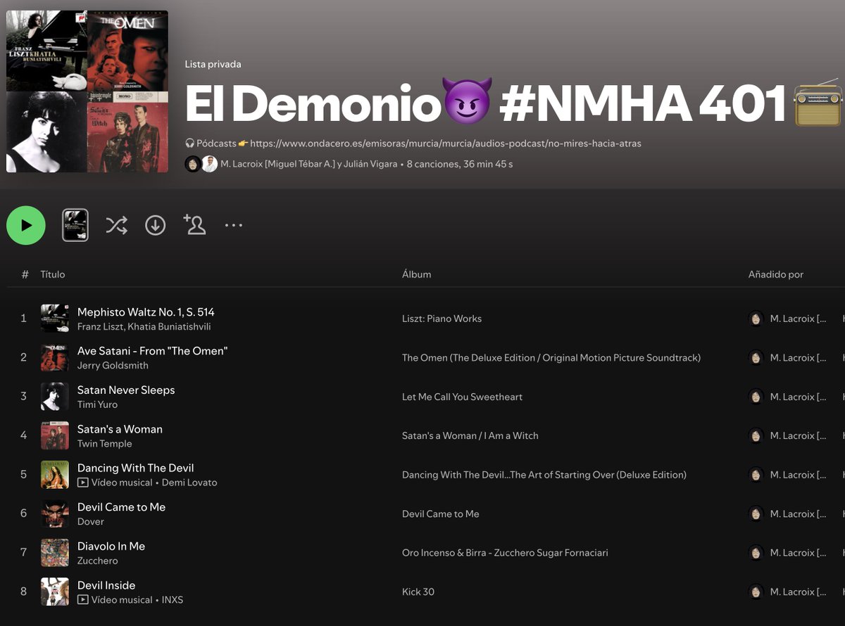 Gracias🙏🏼 por escuchar🎧 el pódcast🎙(≈15’’) del #NoMiresHaciaAtrás nº 401📻, especial #Demonio😈, con música por: #KhatiaBuniatishvili #JerryGoldsmith #TimiYuro #TwinTemple #DemiLovato #Dover #ZuccheroSugarFornaciari #INXS… ojalá te agrade.

👂👉 bit.ly/NoMiresHaciaAt…