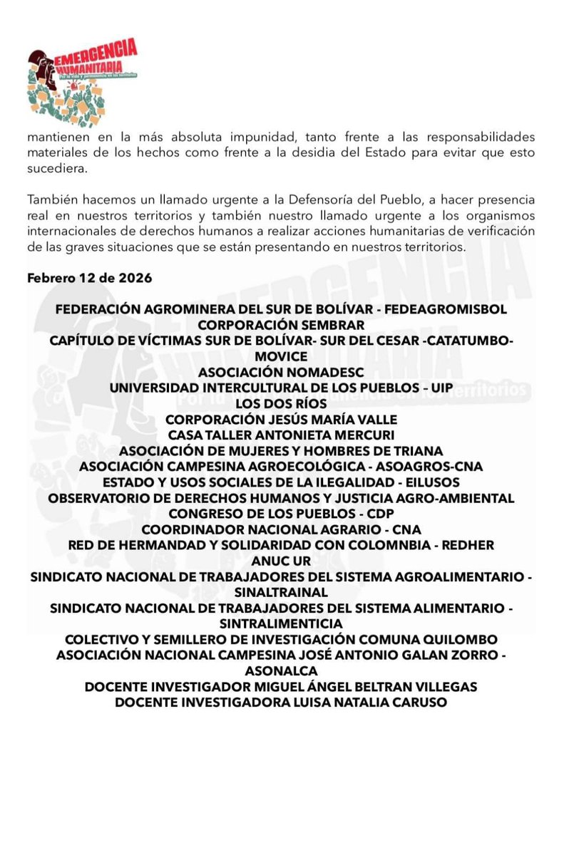 🚨 ALERTA TEMPRANA🚨
Desde las organizaciones sociales y de Derechos Humanos del Sur de Bolívar se emite la presente alerta temprana debido a la intensificación de la arremetida paramilitar en el territorio.

Se le exige a los funcionarios y entidades responsables en todos los