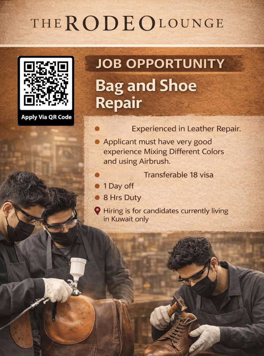 thejobyard's tweet image. 📍 This opportunity is available for candidates currently inside Kuwait only

A skilled opportunity for professionals experienced in leather repair and color finishing to join a specialized team 

#KuwaitJobs #HiringKuwait #SkilledJobs #WorkInKuwait #thejobyardkuwait