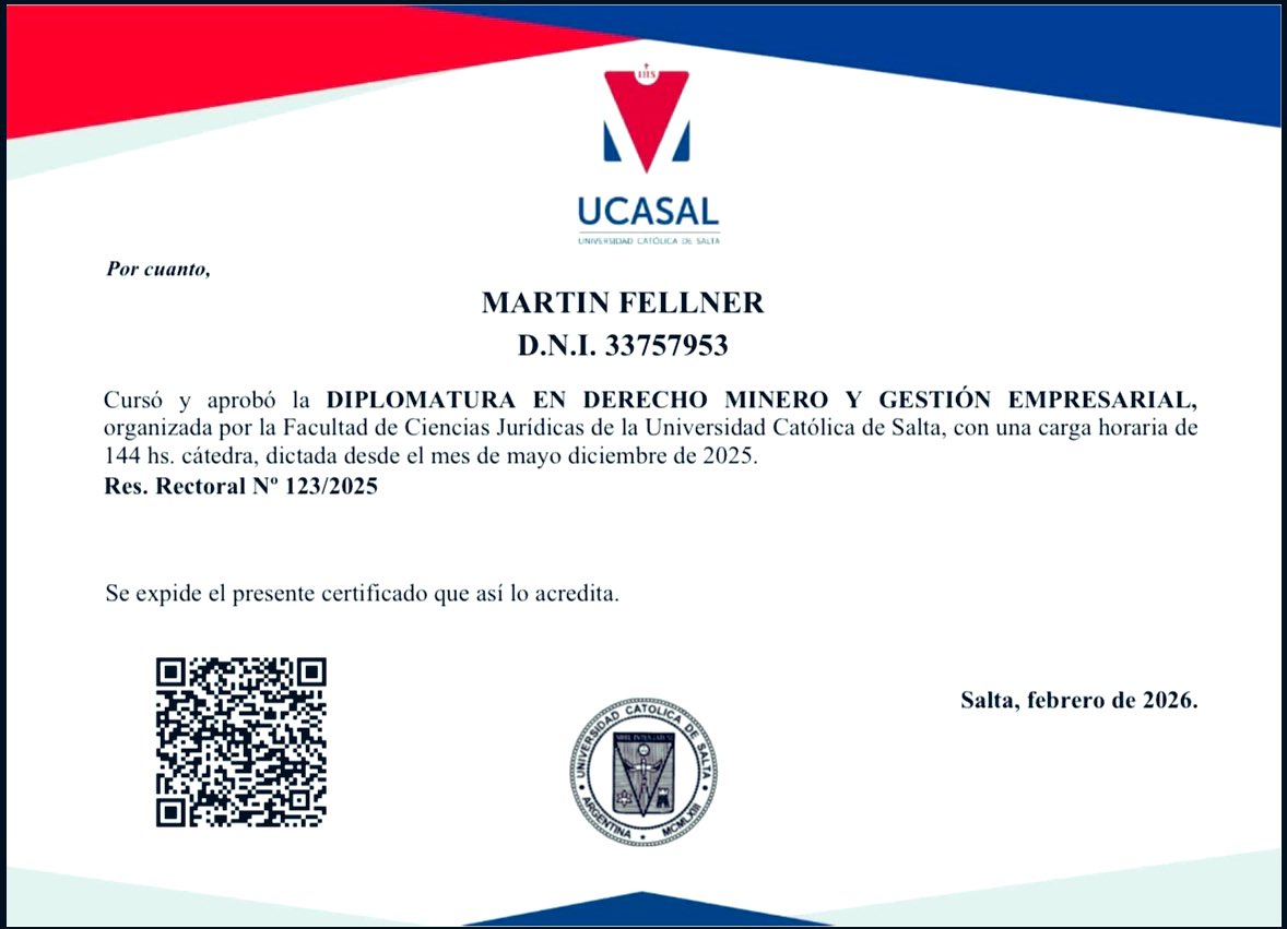 📑 Finalicé la Diplomatura en Derecho Minero y Gestión Empresarial de la <a href="/UcasalOficial/">UCASAL</a> 
Muy buena experiencia de cursada con profesionales del más alto prestigio y colegas de diferentes provincias
Agradezco a los docentes por la calidad académica y el intercambio. 🚀
