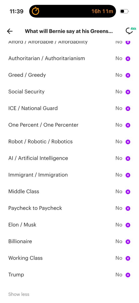 Oly_Lang's tweet photo. Thought I’d finally try a prediction market on @Kalshi … apparently Bernie didn’t say a single one of these phrases? Including “middle class” in his Greensboro rally. 🙄 yeah I don’t think this app is for me. https://t.co/WKuuLjqmAk
