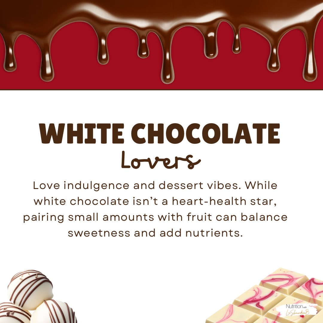 NutritionwLB's tweet photo. Valentine’s Day Edition for Chocolate Lovers❤️🍫

🖤 Dark chocolate
🤎 Milk Chocolate
🤍 White Chocolate

Chocolates can fit into a heart-healthy lifestyle. Remember to 1) focus on quality, 2) portions, and 3) balance.♥️

#ValentinesDay2026 
#NutritionwLB https://t.co/urimyVnaIG