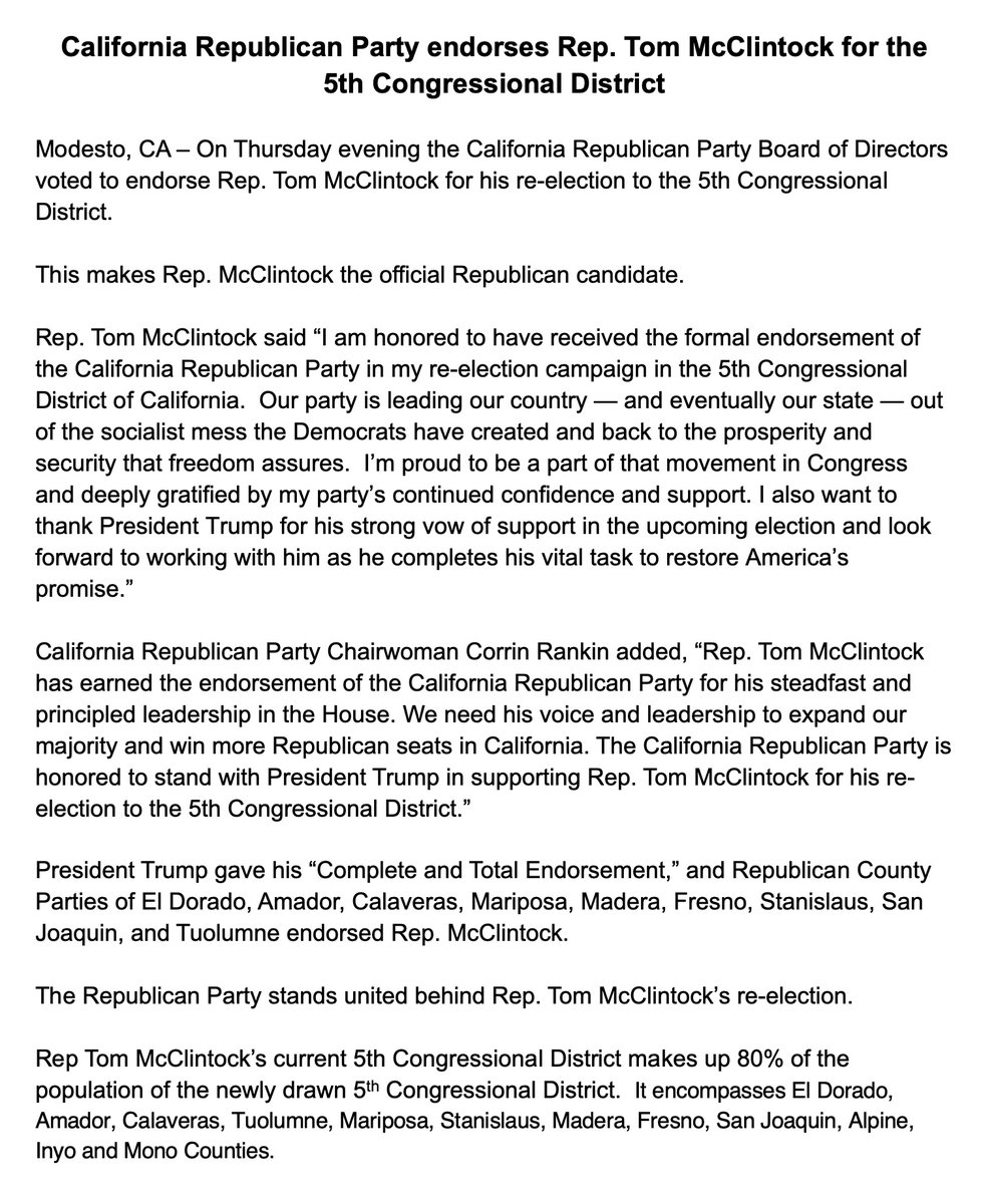 I am honored to have received the formal endorsement of the <a href="/CAGOP/">California Republican Party</a>  in my re-election campaign in the 5th Congressional District of California.