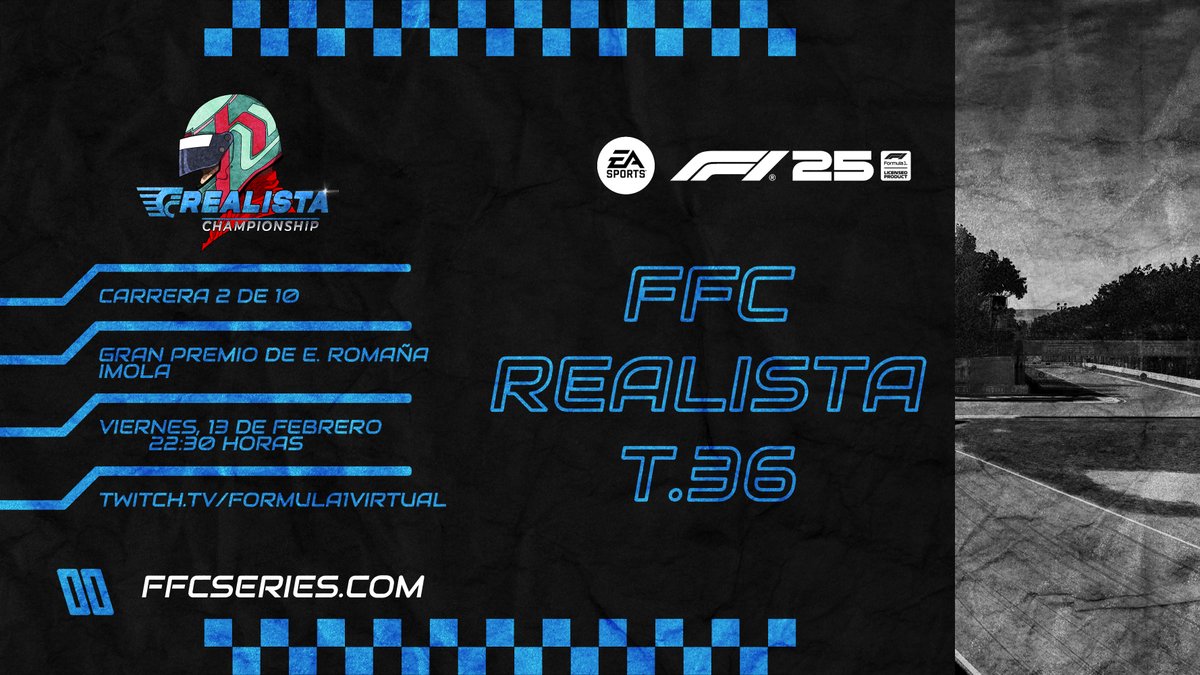 #FFCRealista | 🇮🇹 ¡Viernes de FFC Realista!

🔥 Esta noche nos desplazamos hasta Imola para disputar la segunda carrera de la T.36.

⏰ A partir de las 22:30 h, en el canal de <a href="/formula1virtual/">Formula 1 Virtual</a> te cuentan <a href="/cocoloco300/">cocoloco29</a> y <a href="/WSharperduke/">TCC Duke</a> todo lo que suceda.

📱 twitch.tv/formula1virtual