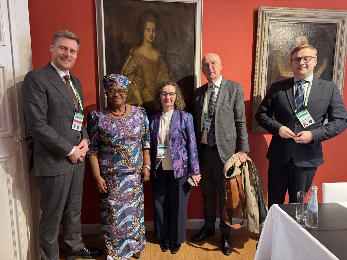 NOIweala's tweet photo. On the sidelines of the Munich Security Conference, a good meeting with the delegation of the Faroe Islands led by HE Sirið Stenberg, Minister of Foreign Affairs, Industry and Trade, on the Faroe Islands‘ application for accession to the WTO. 
@MunSecConf https://t.co/3jEd6R3sPh