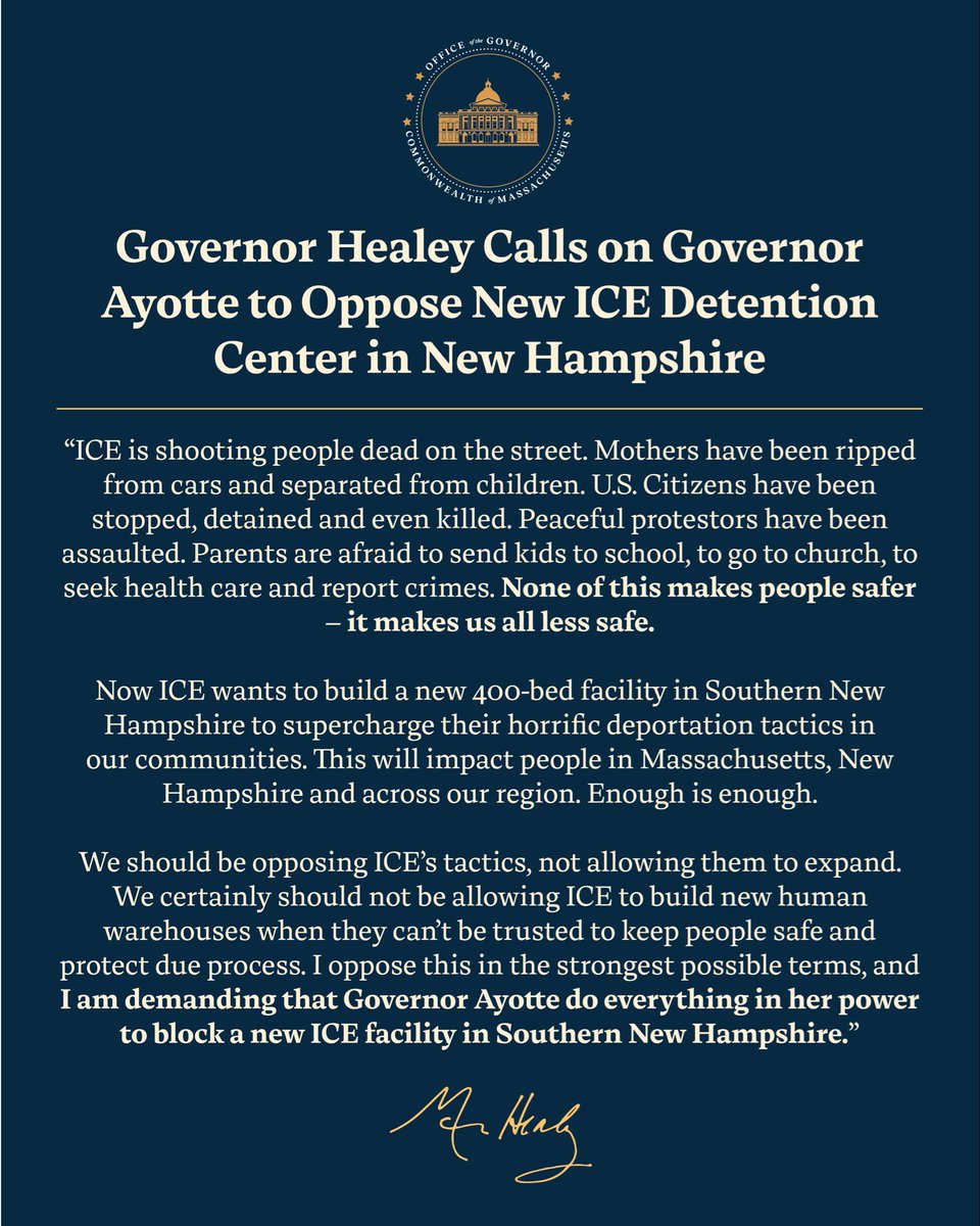 This is outrageous. We should be opposing ICE’s horrific tactics – not allowing them to expand. 
 
I oppose this in the strongest possible terms, and I’m demanding that Governor Ayotte do everything in her power to block a new ICE facility in New Hampshire.
