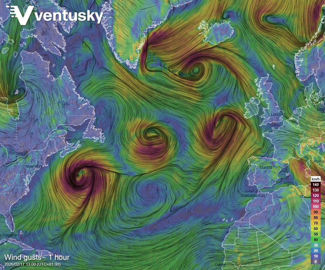 The Atlantic is full of low-pressure systems. In the coming days, they will continuously affect Europe. 😳 For example, on Tuesday there will be three lined up in a row, ready to strike Europe again: ventusky.com/wind-gusts-map… For Europe, this means heavy precipitation, windy