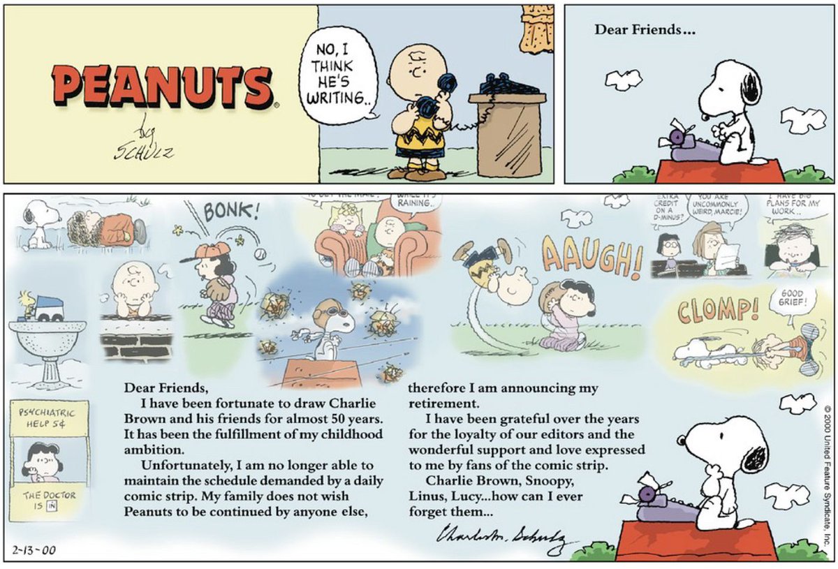 Today in 2000, the last original Peanuts comic strip by Charles M. Schulz was published. Schulz passed away the day before.