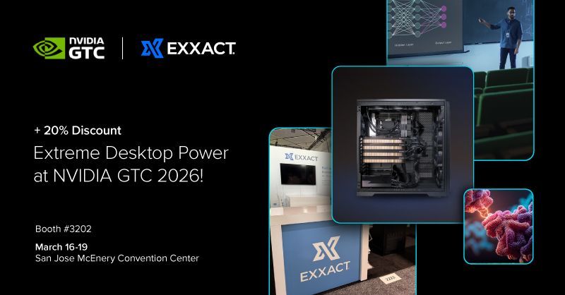 Exxactcorp's tweet image. Get hands-on with extreme desktop power at NVIDIA GTC 2026! Exxact is featuring the 4x NVIDIA RTX PRO 6000 Blackwell Max-Q Workstation. Stop by our booth to discuss your hardware needs. nvidia.com/gtc?ncid=ref-s… 

#NVIDIAGTC #NVIDIA #Workstation