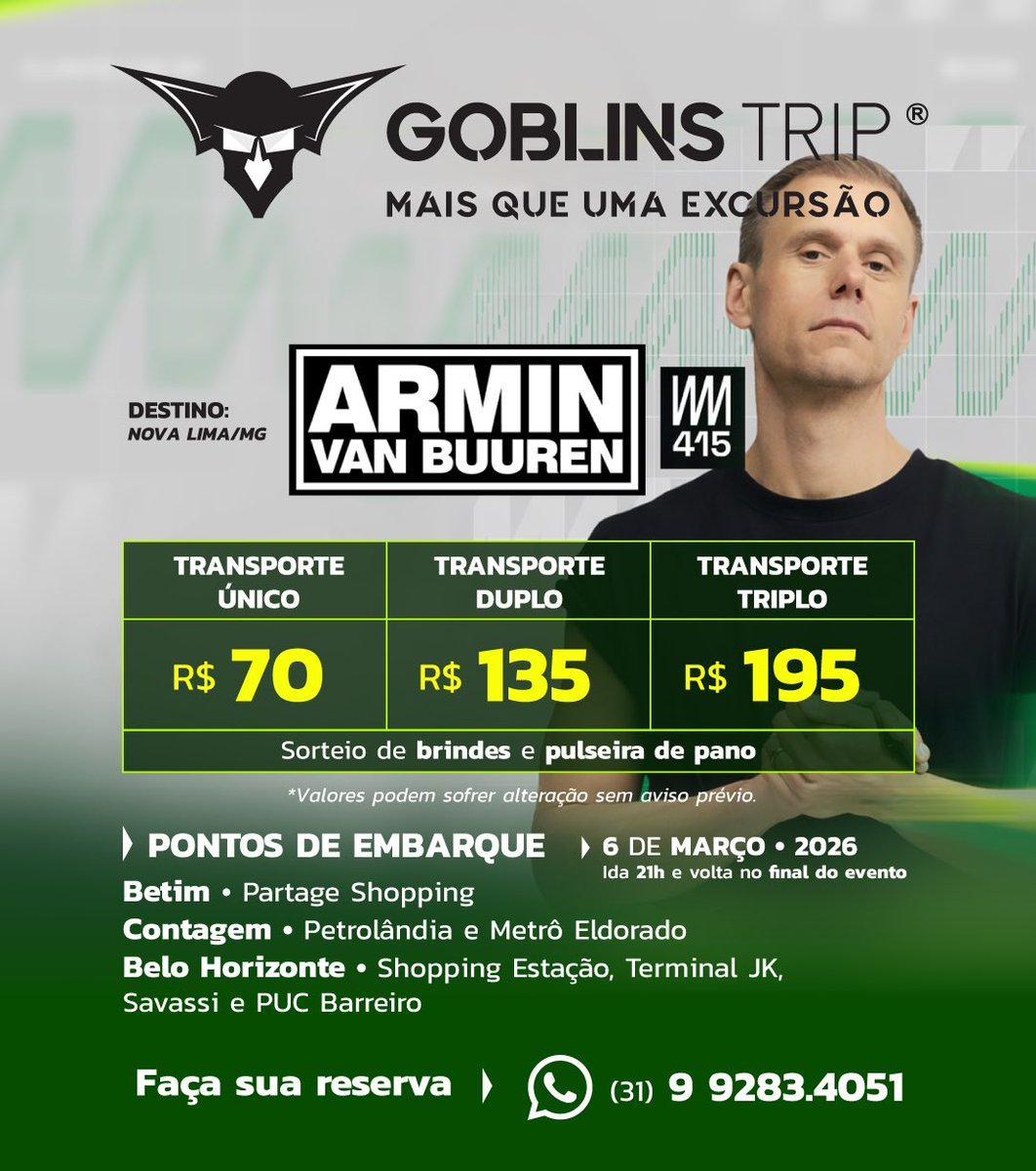 ♒️ Excursão Goblins Trip ARMIN VAN BUUREN CLUB 415 - BH/Contagem/Betim

♒️ Vagas limitadas! Faça ja sua reserva!
♒️ Junte amigos e ganhe descontos!
♒️ Água na ida e na volta!
♒️ Pulseira de pano exclusiva da excursão!

👇 Grupo da excursão 👇
chat.whatsapp.com/Gty5xgGDwf1D8B…