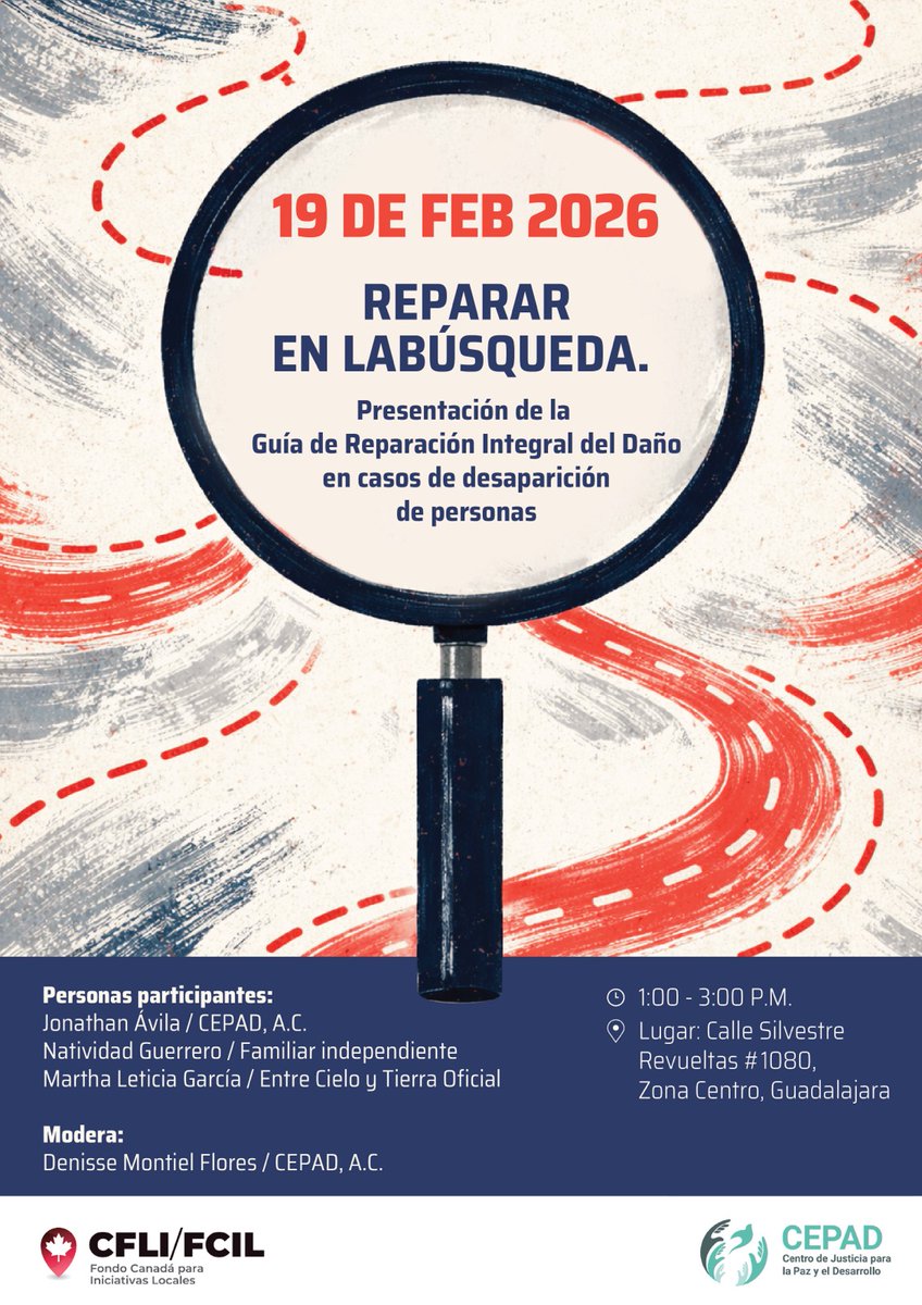 📢 Desde el CEPAD les invitamos a la presentación de la Guía de Reparación Integral del Daño en casos de desaparición de personas, en el marco del evento Reparar en la búsqueda.
🤝 La guía visibiliza las barreras estructurales que enfrentan las familias al exigir su derecho a la