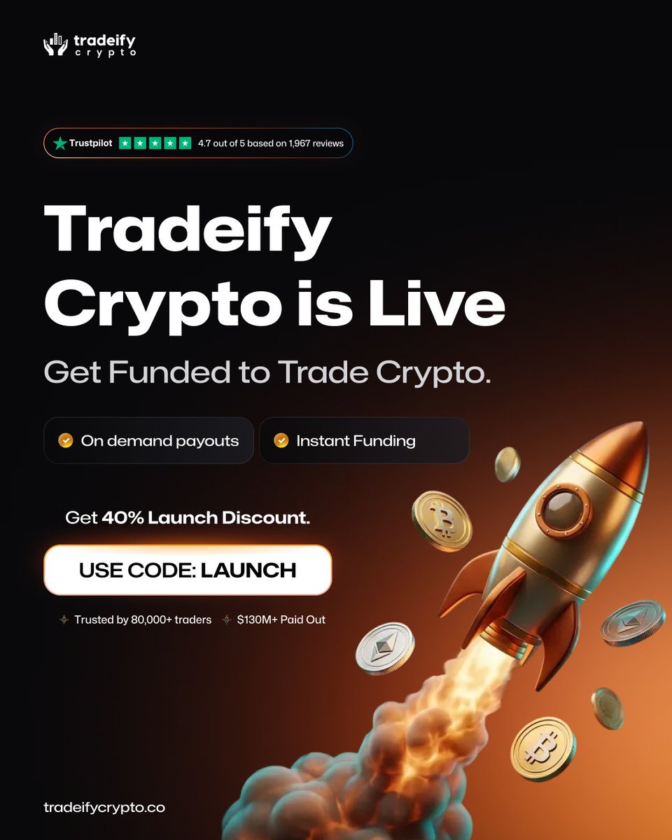 Woohoo! Tradeify Crypto is LIVE!!! 🔥

The moment we've all been waiting for is finally here. You can now get funded to trade crypto and not risk your own funds.

We built 3 different programs to match different appetites:
🔹 2-Step
🔹 1-Step
🔹 Instant Funding

And yes, you’ve