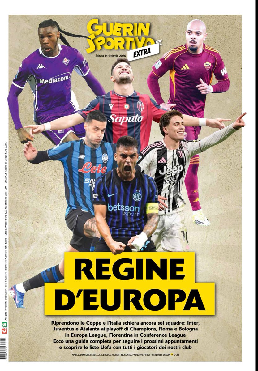 EdiPressTwit's tweet photo. 👑 Tornano le notti europee e le loro regine.
Inter, Juve, Atalanta, Roma e Fiorentina: il calcio italiano riparte alla conquista dell’Europa. Storie, protagonisti, analisi e tutte le liste UEFA in un inserto speciale.

📚 Domani in edicola con Corriere dello Sport e Tuttosport https://t.co/7Q2iCO0h4C