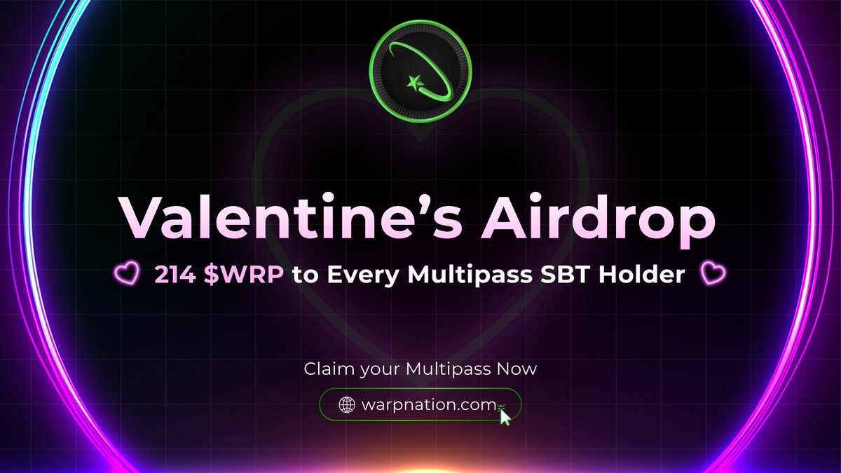 WarpGameCHAIN's tweet image. This Valentine’s Day, we’re rewarding commitment.

Every verified Multipass SBT (Soulbound Token) holder by Sunday, February 15 @ 23:59 UTC will receive:

214 $WRP

Because we want to share the love.

If you have a Mutipass you don’t need to do a thing! We got you!

If you don’t…