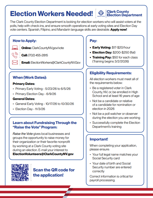 #Election2026: The Clark County Election Dept. is looking for workers to assist at polls, help with check-in, and ensure smooth operations at Early Voting and Election Day vote centers. Spanish, Filipino, and Mandarin skills are especially needed.

Apply: bit.ly/3OejXFd.