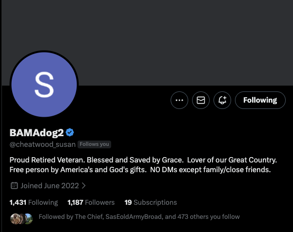 Can you help me support this Veteran with a follow and perhaps a repost?

<a href="/cheatwood_susan/">BAMAdog2</a>