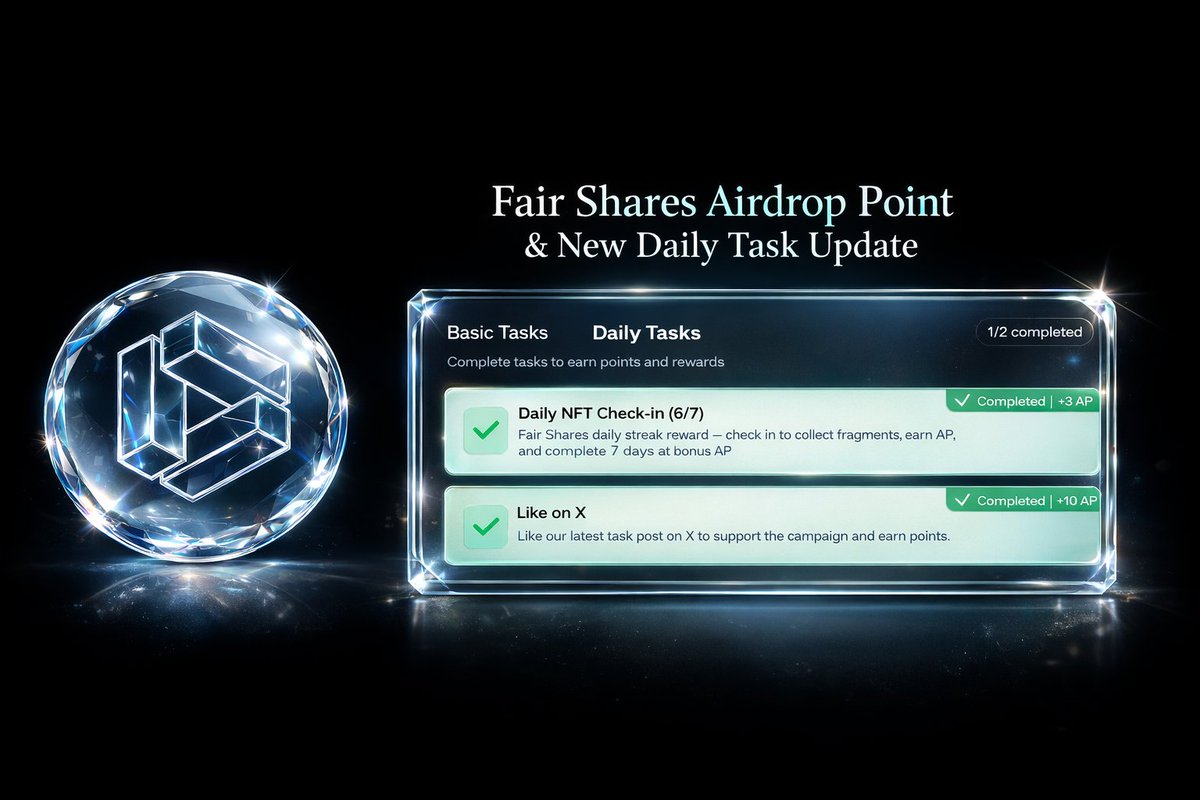 🚨 Fair Shares Airdrop Update is LIVE! 🪂

Don’t miss this opportunity 👇

✅ Daily Check-in for 7 Days → Earn 3 AP per day  
✅ Complete NEW Daily X Task → Claim +10 Points  

This project has already raised $30M in funding 💰  
Early users can still join now!

👇 Join Guide