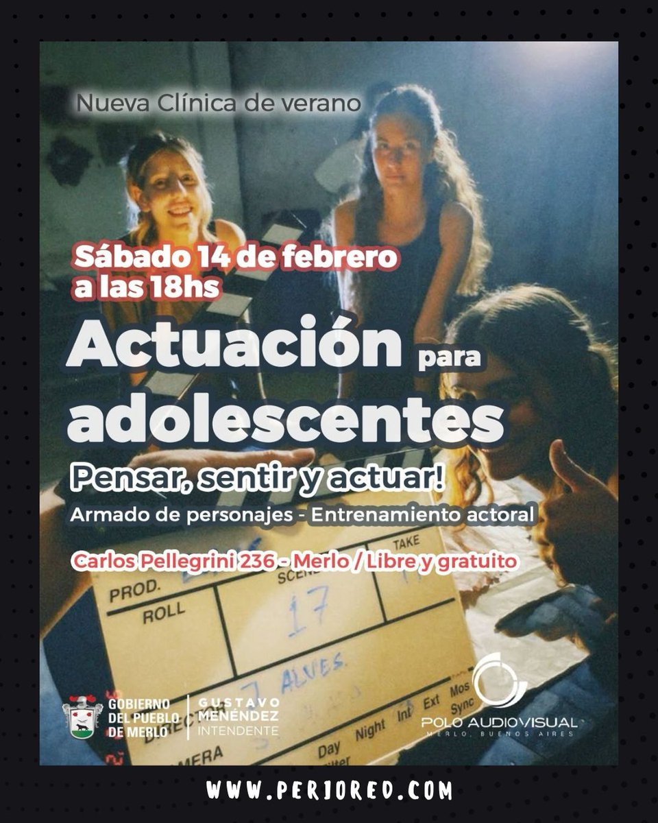 Chicos y chicas a sumarse a esta jornada de entrenamiento actoral y exploración artística, donde el cine y la actuación se convierten en herramientas para expresarse y contar historias.

📍 Carlos Pellegrini 236 – Merlo
🎟️ Libre y gratuito

🎭
#teatro #arte #cultura