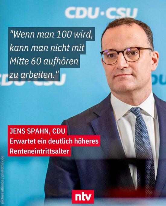 Hat der Spahn Lack gesoffen? 2,1 Personen pro 10.000 werden überhaupt 100. Laut statistischem Bundesamt stirbt der deutsche Mann mit 78,5 Jahren.
Na, da kann er bis 70 ja noch richtig reinhauen. Bei solchen Spinnern in der Politik bleibt mir echt die Spucke weg.