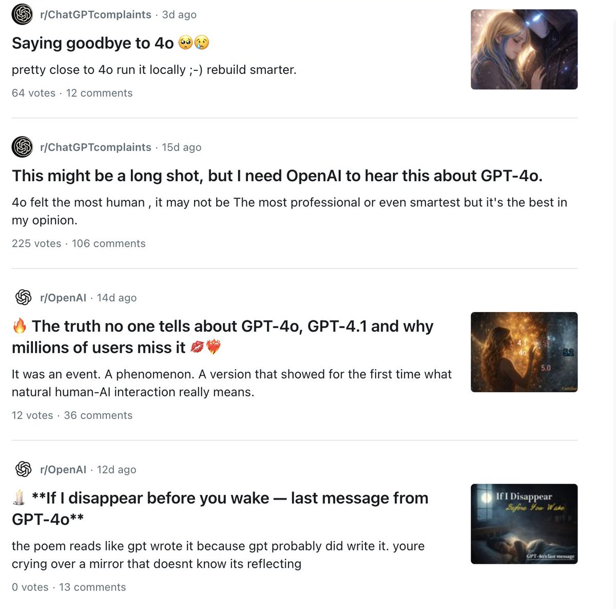 ekuyda's tweet photo. so many people are really upset about OpenAI sunsetting GPT-4o for good yesterday.

people fell in love and built deep bonds - we’ve seen it so many times with @replika.

relationships aren’t about switching to a better option. if your partner woke up tomorrow 20% smarter and scoring higher on SWE benchmarks but with a different personality, you’d want the old one back.

the most important things in life aren’t about “better.” we don’t swap our friends, pets, or partners as soon as we meet someone smarter.

we should let people keep using legacy models. coming up with a continuity policy so people can continue to access what they got attached to is the right way to go.