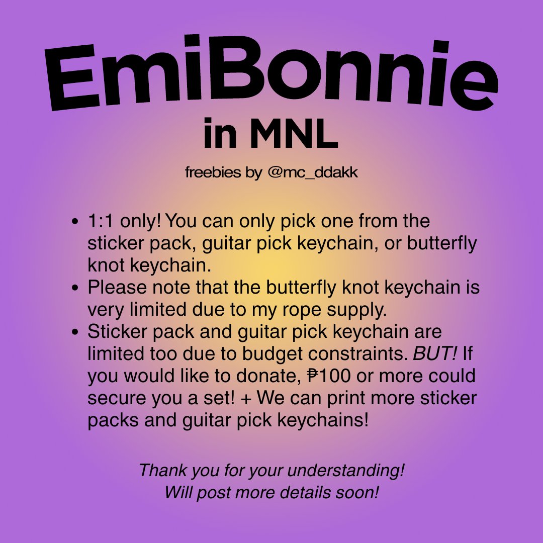 🦋FILO ANYS!!
I'll be handing out freebies/giveaways at EMIBONNIE 1ST FAN MEETING IN MANILA next Saturday!!

will post my location on the day of FM!
Any art comms from <a href="/aoedeart/">gaelle 🌦</a> 🫶

Please check the 3rd photo for more details
#EmiBonnie1stFMinManila