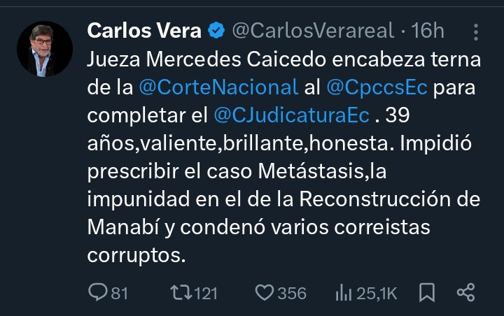 Carlos Vera, sobre la jueza Mercedes Caicedo:

Sin pauta.                    || Con pauta.