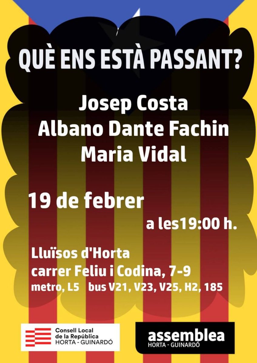 Ara que els debats de la política catalana han retrocedit dècades, amb n’<a href="/AlbanoDante76/">Albano-Dante Fachín</a> ens preguntam “què ens està passant?”. Una conversa per mirar endavant i intentar explicar cap on va el país i cap on hauria d’anar, a la que s’afegirà na Maria Vidal. A Barcelona, dijous 19.