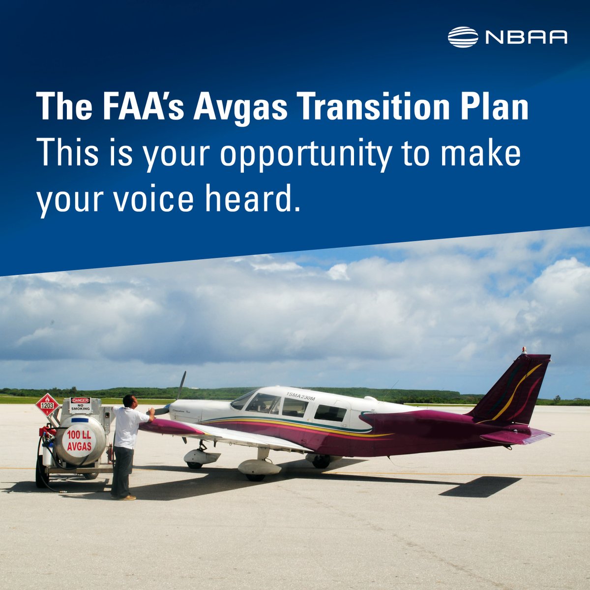 NBAA's tweet photo. What do you think about the FAA's avgas transition plan? Share your comments with the agency by March 13!
https://t.co/S3wHhHt2CT https://t.co/dFi6ISUUq8