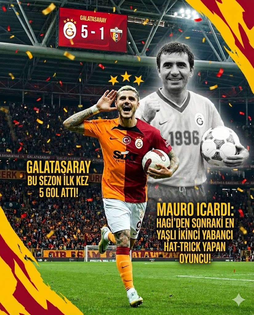 ✅ Galatasaray bu sezon ilk kez bir Süper Lig maçında beş gol attı
✅ Icardi lig tarihinde Galatasaray formasıyla hat-trick yapan Hagi'den sonra en yaşlı ikinci yabancı oyuncu oldu
