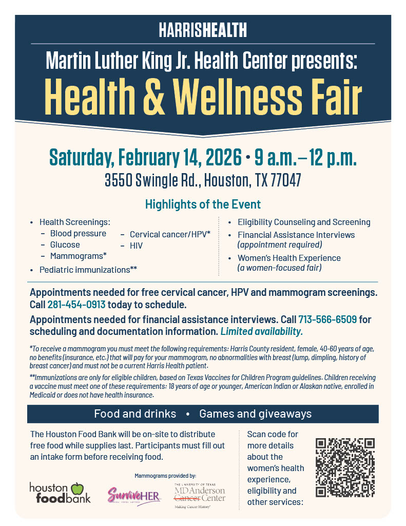 harrishealth's tweet photo. Join us tomorrow for our Health &amp; Wellness Fair! 
🕘 9 a.m.–12 p.m.
📍 3550 Swingle Rd., Houston

Free screenings: blood pressure, glucose, mammograms*, cervical cancer/HPV*, HIV + more.
Food, games &amp; giveaways!

📞 Screenings: 281‑454‑0913
📞 Eligibility: 713‑566‑6509 https://t.co/kYgJv73mHx