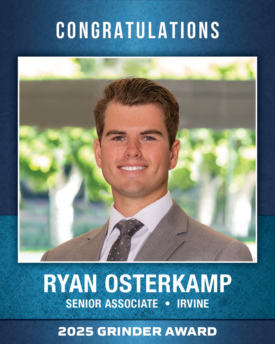 Voit Real Estate Services congratulates Ryan Osterkamp of our Irvine office for receiving the Grinder Award for his performance in 2025. Voit’s Grinder Award recognizes young brokers who are incredibly committed and energetic, make tons of cold calls and create a buzz that