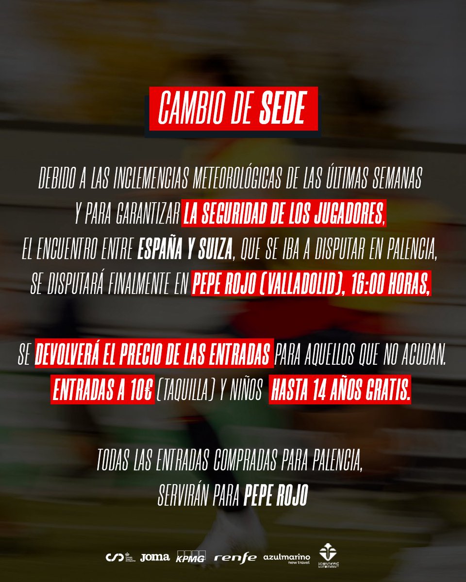 ℹ️ 𝐂𝐨𝐦𝐮𝐧𝐢𝐜𝐚𝐝𝐨 𝐨𝐟𝐢𝐜𝐢𝐚𝐥  

La RFER anuncia el cambio de sede del España v Suiza al campo de Pepe Rojo de Valladolid debido a las inclemencias meteorológicas. 

👉🏼 Toda la info: ferugby.es/la-rfer-anunci…  

#LoQueNosUne | #LosLeones