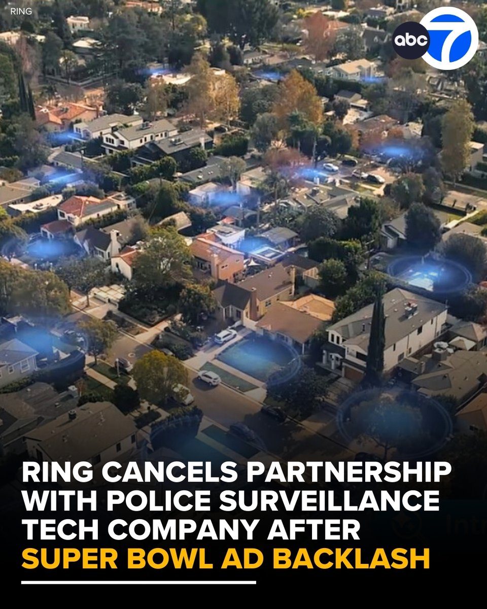 ABC7's tweet photo. Amazon's smart doorbell maker Ring has terminated a partnership with police surveillance tech company Flock Safety.

The announcement follows a backlash that erupted after 30-second Ring ad that aired during the Super Bowl featuring a lost dog that is found through a network of cameras, sparking fears of a dystopian surveillance society.

Read more here: https://t.co/2cHhU8mMb8
