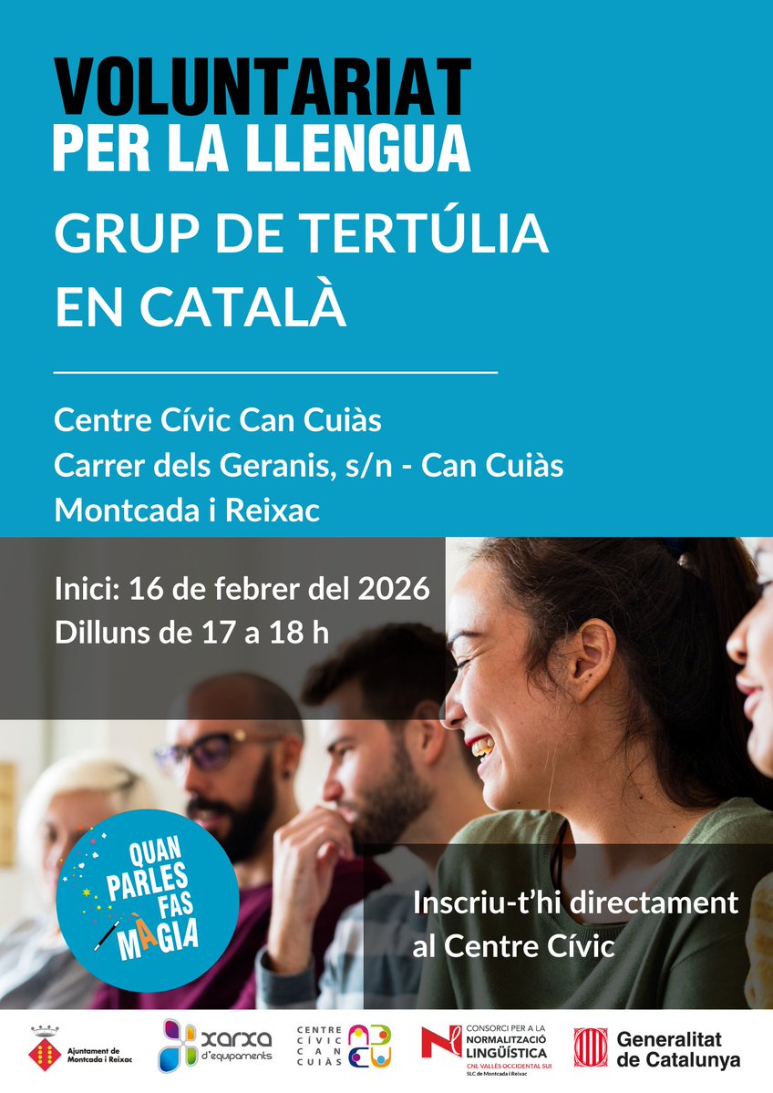 Si parles una mica català i vols agafar més seguretat, recorda que dilluns que ve es posen en marxa l'espai de tertúlia en català al Centre Cívic de Can Cuiàs 🗣️
Cada dilluns de 17 a 18 h 🕰️
Inscripció gratuïta al mateix centre
#quanparlesfasmàgia 
@ajmontcada <a href="/laveudemontcada/">La Veu de Montcada i Reixac</a>