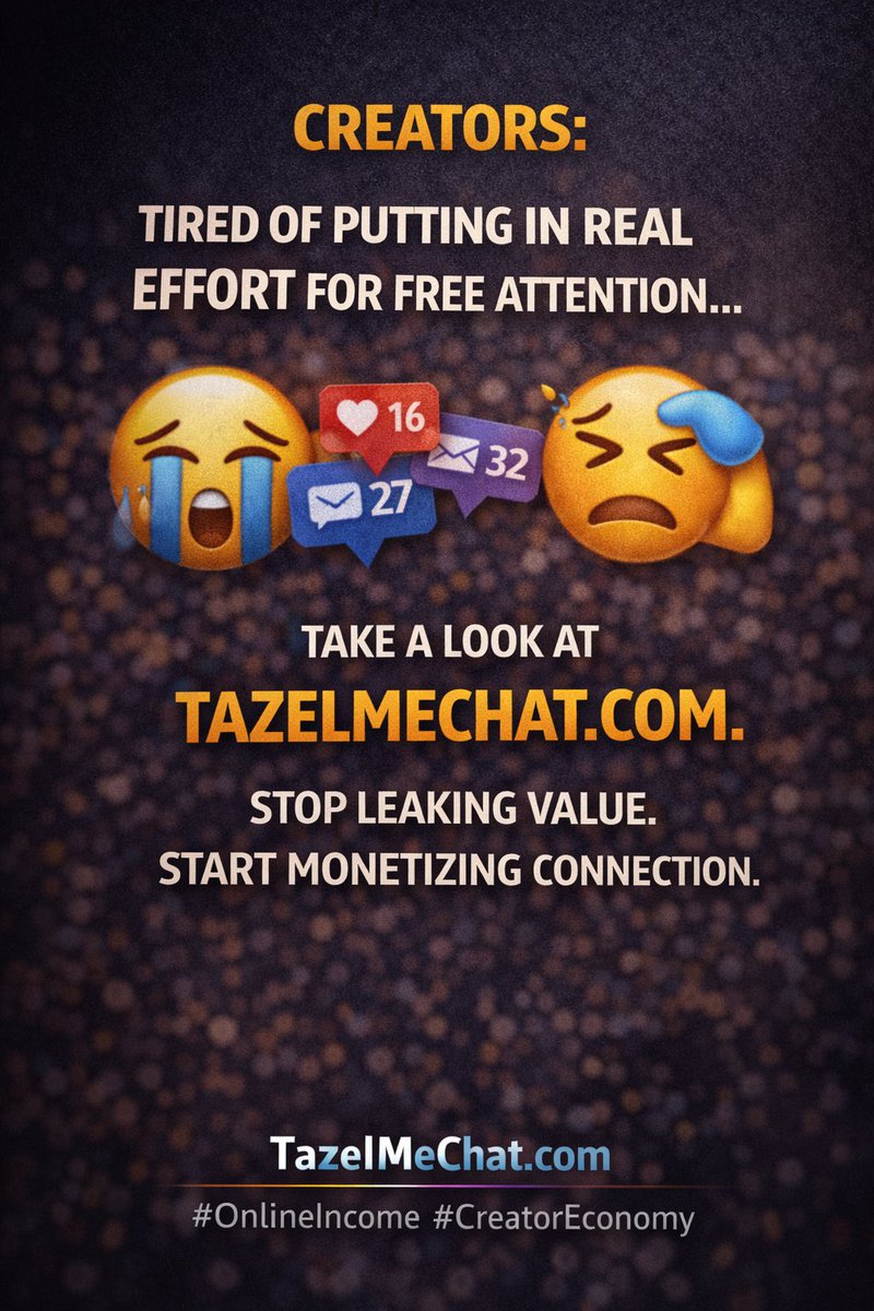 TazelMeChat's tweet image. Creators:

If you’re tired of putting in real effort for free attention…
Take a look at TazelMeChat.com.

Stop leaking value. Start monetizing connection.

#MonetizeYourAudience #TazelMeChat