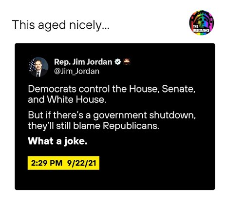 DaRefScottGrady's tweet photo. @ColorApril Who has the House?

Who has the Senate?

Who has the Executive Branch?

Now, what did Jim Jordan say about that here? https://t.co/0aBZqbSDfE