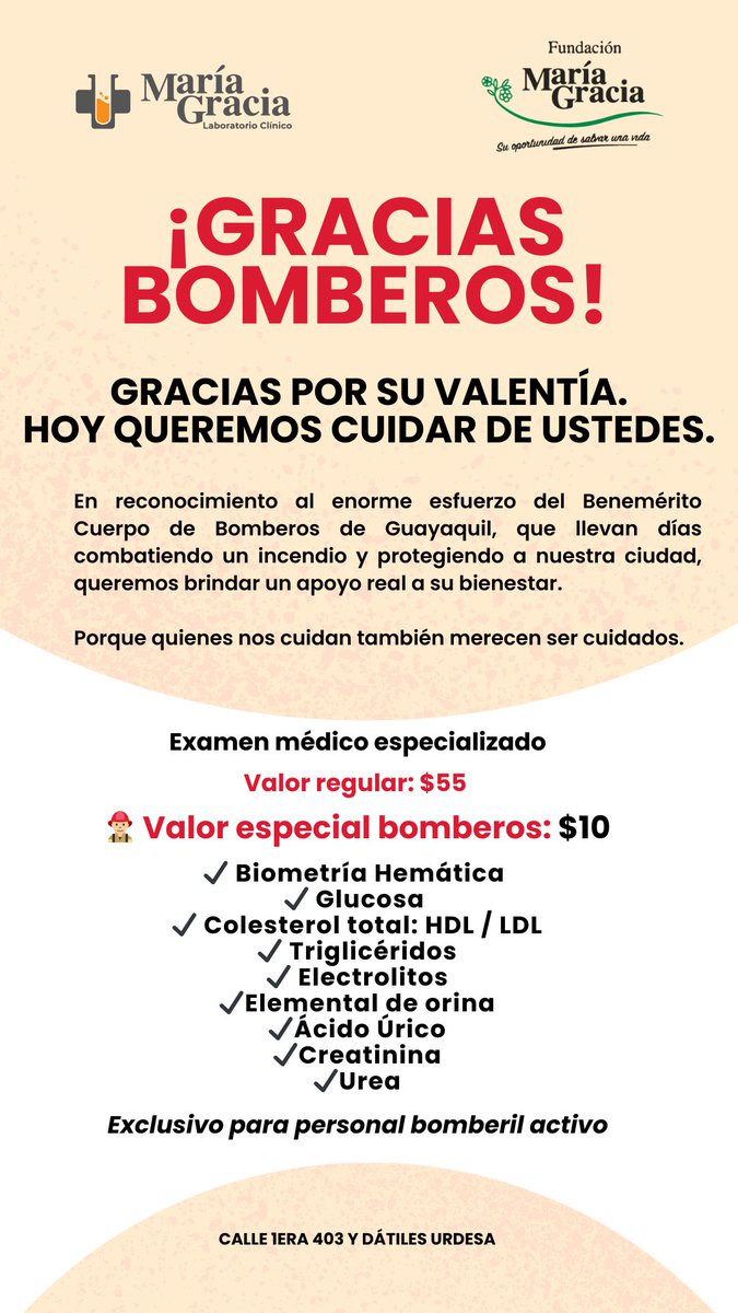 Apoyamos la salud de quienes nos protegen: exámenes básicos para el Cuerpo de Bomberos Voluntarios de Guayaquil y Samborondón. 
Gracias por su valentía 
Ponemos a disposición exámenes básicos como un gesto de respaldo y reconocimiento.
¡ Gracias !
<a href="/BomberosGYE/">Bomberos Guayaquil</a> <a href="/BCB_Samborondon/">Benemérito Cuerpo de Bomberos de Samborondón</a>