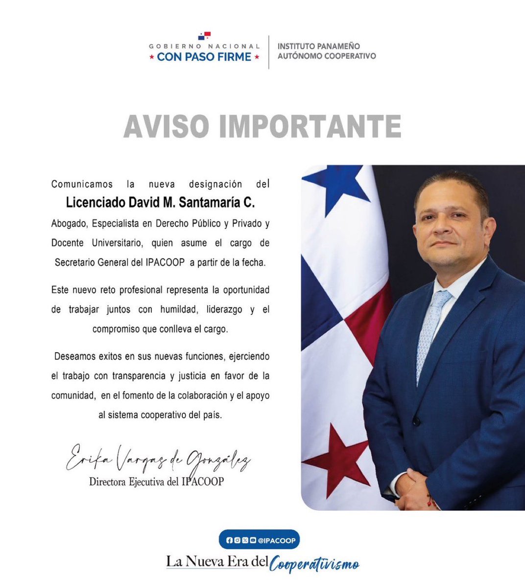 #LoÚltimo | Presidente <a href="/JoseRaulMulino/">José Raúl Mulino</a> designa a David Martín Santamaría Castillo, como nuevo secretario general del <a href="/IPACOOP/">IPACOOP</a>