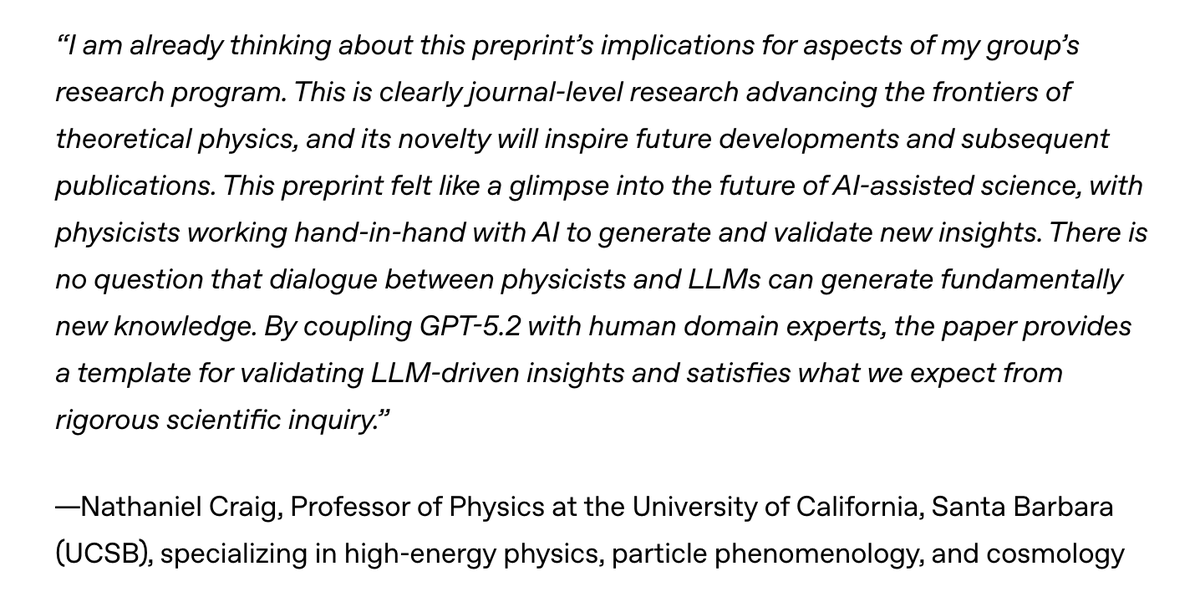 GPT-5.2 derived a novel result in theoretical physics, showing that a type of particle interaction many physicists expected would not occur can in fact arise under specific conditions.

There is great promise in the potential of AI to benefit people by accelerating science.