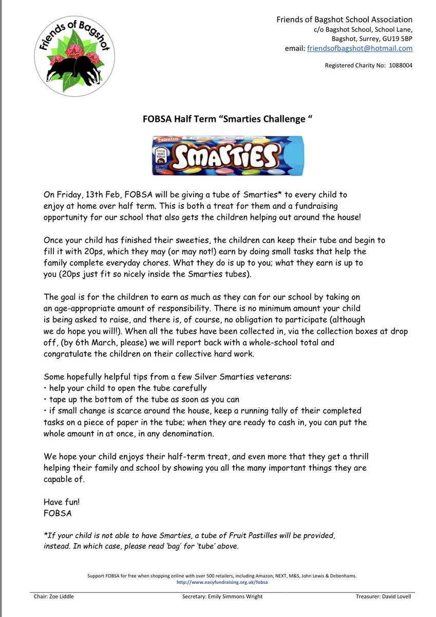 A half term treat from FOBSA went home tonight 🍫 Hopefully everyone will earn their treats by helping out over the half term break, raising valuable funds for our school 😊