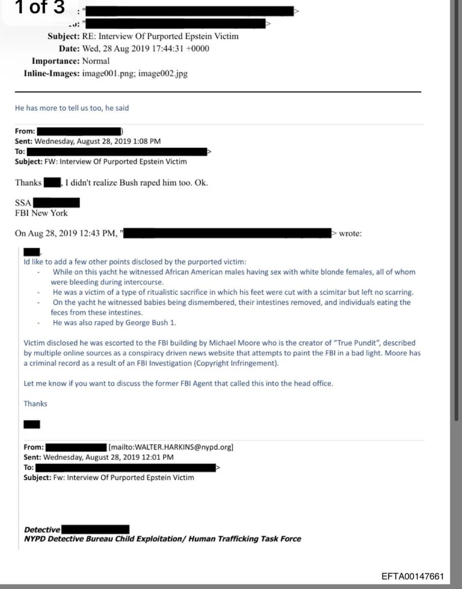 <a href="/GrantSmithEllis/">Grant Smith Ellis</a> <a href="/RepLuna/">Rep. Anna Paulina Luna</a> <a href="/RepThomasMassie/">Thomas Massie</a> Feds are nuking a lot of material as we speak. This completely disturbing email from EFTA00147661 has been taken down as well. I'm a nobody account, amplify it to your audience if you can!! 🔥 🙏🏻