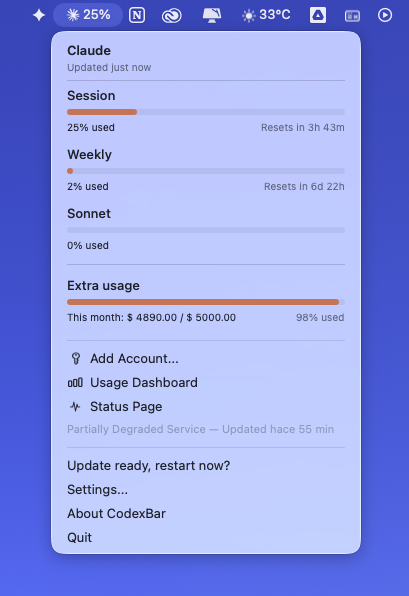 Xavi7x's tweet photo. Si le das duro al vibecoding y consumes APIs como loco, necesitas CodexBar en tu Mac 💎

Muestra tu consumo de Claude/LLMs en tiempo real en la barra. Indispensable para no asustarte (yo ya casi quemo mis $5k este mes 💀).

Brutal trabajo de @tom_doerr 👇 https://t.co/ZZREPWkBwz