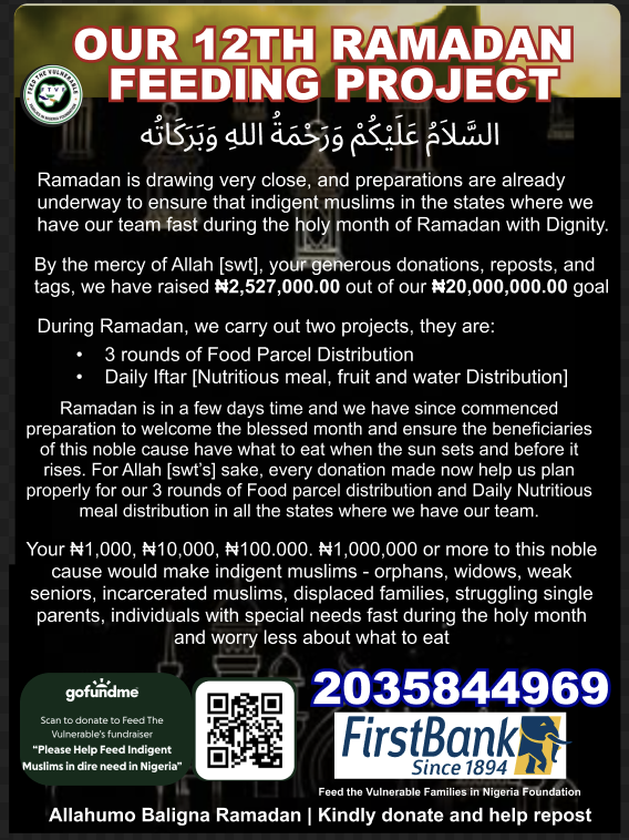 FTVF_Nigeria_F's tweet image. Whoever feeds a fasting person will have a reward like that of the fasting person, without it decreasing from their reward (Tirmidhi)

This Ramadan, let’s share our blessings. Your contribution provides a hot, nutritious Iftar to a fasting muslim in need 🤍

2035844969
First Bank