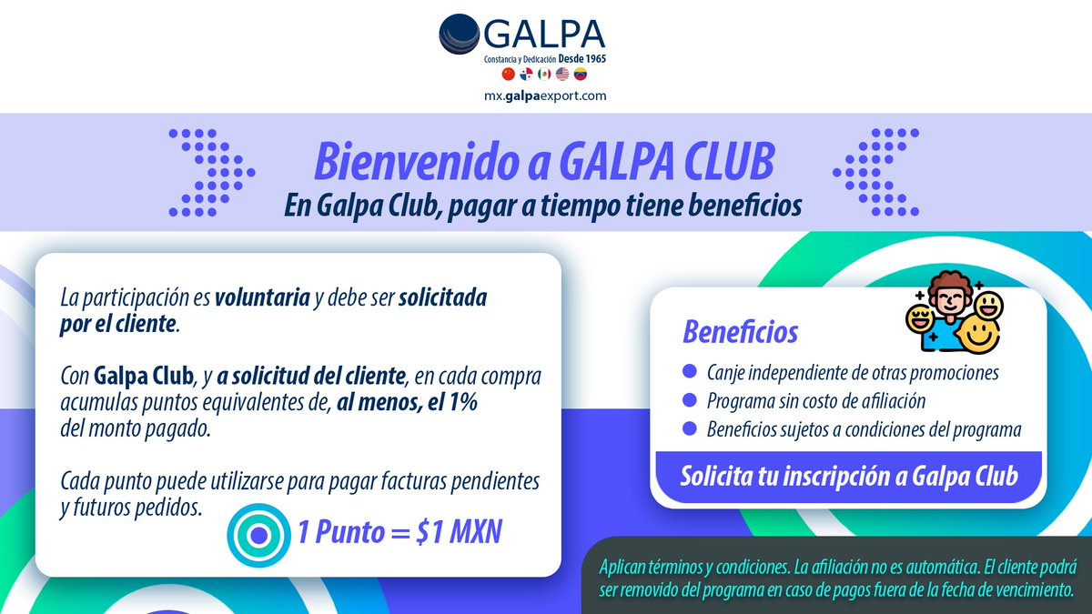 galpaexportmx's tweet photo. Con Galpa Club, podrás acumular puntos equivalentes de, al menos, el 1% del valor de tus compras o facturas pagadas dentro del plazo acordado.
Estos puntos podrán ser utilizados en futuros pedidos. https://t.co/nL7yVj2FG4