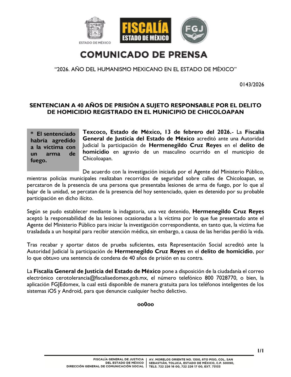 FiscaliaEdomex's tweet image. #Sentenciado

La #FiscalíaEdoméx acreditó ante una Autoridad Judicial la participación de Hermenegildo Cruz Reyes en el delito de homicidio en agravio de un masculino, ilícito ocurrido en el municipio de #Chicoloapan.

es.scribd.com/document/99756…