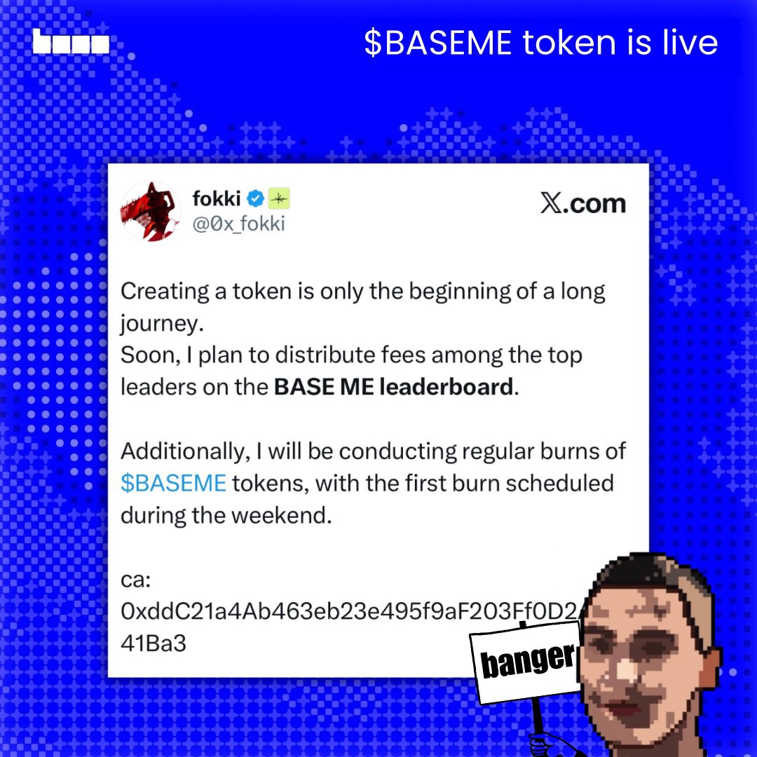 Base Me mini app has launched token
$BASEME token is live
<a href="/0x_fokki/">fokki</a> is a real GOAT
this dev always cares about users 🫡

so, what should we know:
> distribution fees among the top leaders
> regular burns of $BASEME tokens

ca: 0xddC21a4Ab463eb23e495f9aF203Ff0D2AA641Ba3